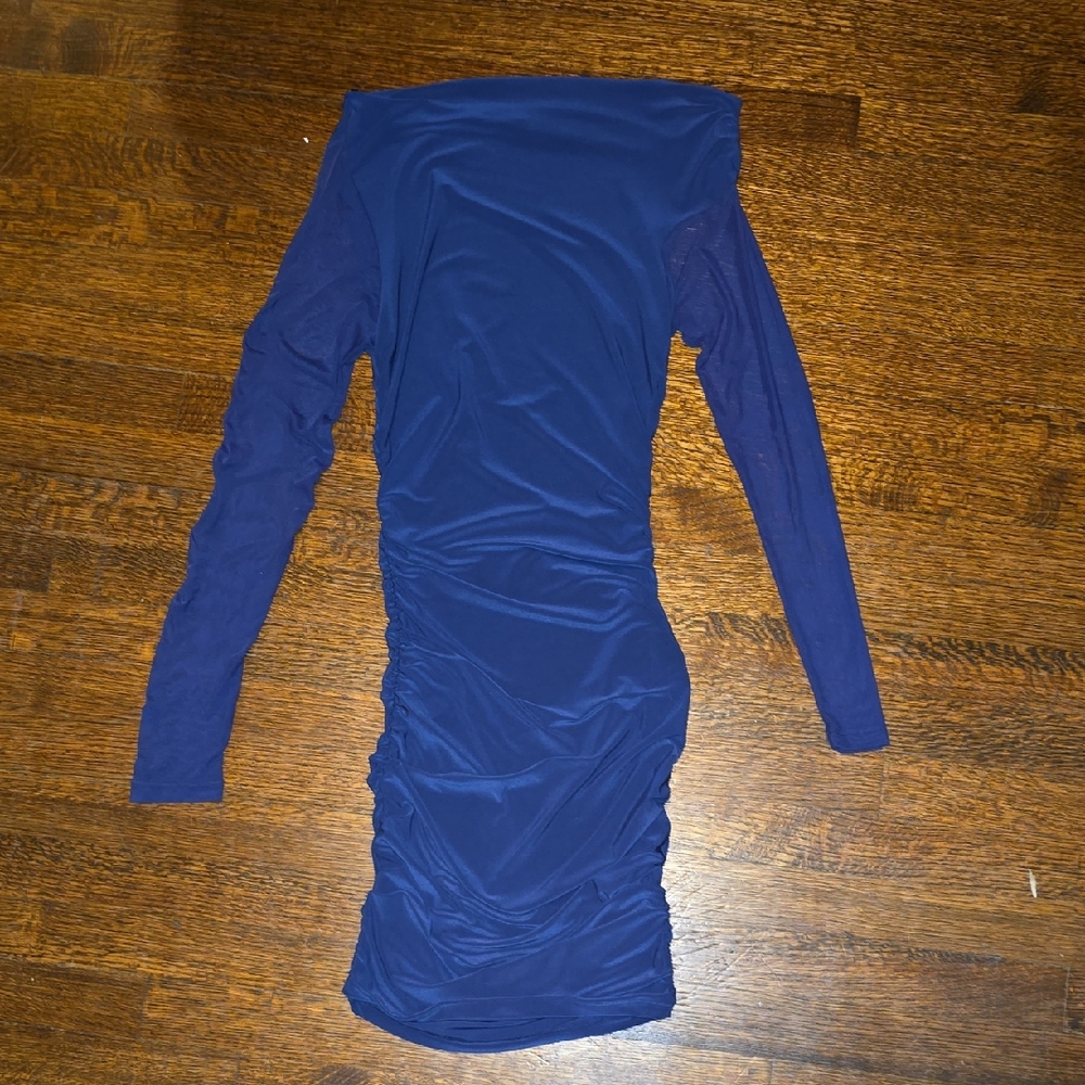 Symphony Navy Midi Bodycon Ruched Dress With See-Through Arms Size Medium